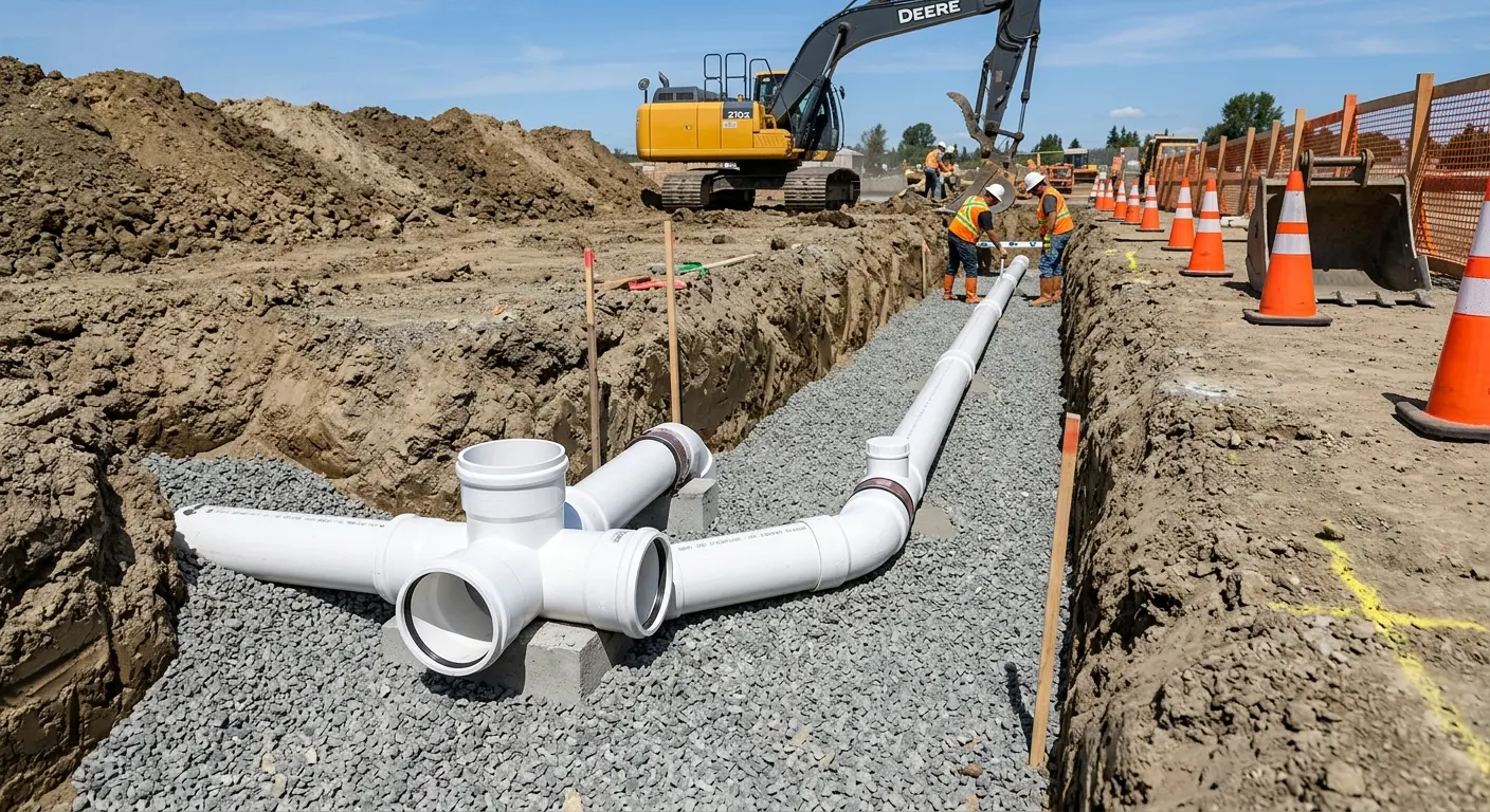 New PVC sewer pipe installation in open trench for Commercial Drain Cleaning in Rowland Heights