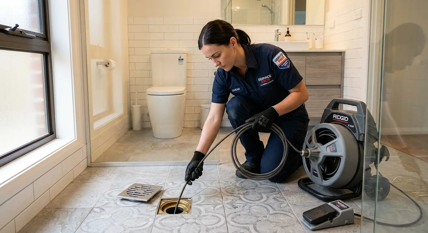 Technician clearing a bathroom floor drain for Clogged Drain Repair in Rowland Heights